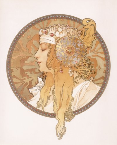 byzantská hlava blonďaté dívky; Byzantská hlava blond ženy, kolem roku 1897 od Alphonse Mucha