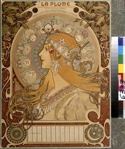 Kalendář "La Plume", ilustrovaný dvouměsíčník ze Salon des Cent. Umělecká a literární knihovna. Umělecké dílo Alfonse Marie Muchy (Alphonse Marie Mucha od Alphonse Marie Mucha