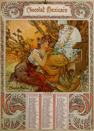 Kalendář Chocolate Masson ilustrovaný Muchou (1860 – 1939). český secesní malíř od Alphonse Mucha