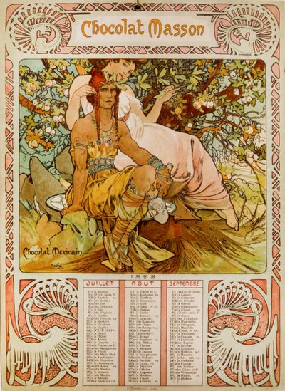 Kalendář Chocolate Masson ilustrovaný Muchou (1860 – 1939). český secesní malíř od Alphonse Mucha