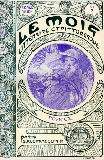 Obálka časopisu (měsíčník) Le Month litteraire et malebné od Alphonse Muchy (1860-1939): měsíc únor 1899 - Maison de la Bonne Presse - od Alphonse Mucha