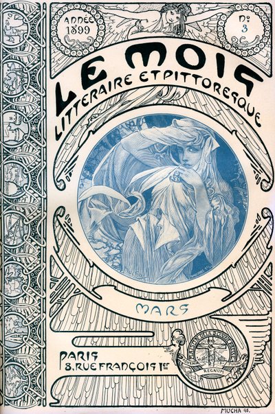 Obálka časopisu (měsíčník) Literární a malebný měsíc Alphonse Muchy (1860-1939): březen 1899 - Maison de la Bonne Presse - od Alphonse Mucha
