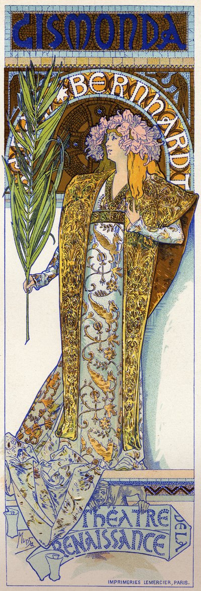 Zábava. Gismonda, hra Victoriena Sardoua se Sarah Bernhardtovou v Theatre de la Renaissance v Paříži. Plakát Muchy, Francie od Alphonse Marie Mucha
