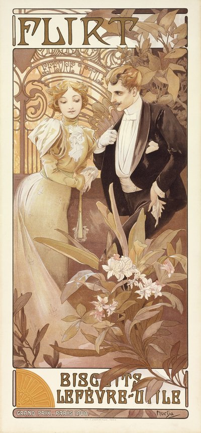 Flirt, kolem 1895-1900 (barevné lito) od Alphonse Mucha