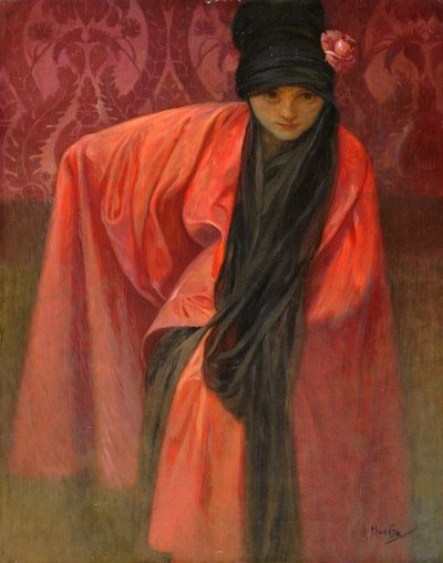 Dívka v červeném par Mucha, Alfons Marie (1860-1939), c. 1914 - Tempera na plátně, 60,5x47 - Soukromá sbírka od Alphonse Mucha