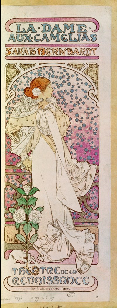 La Dame aux Camelias s herečkou Sarah Bernhardtovou, Theatre de la Renaissance, Paříž 1894 (plakát) od Alphonse Marie Mucha