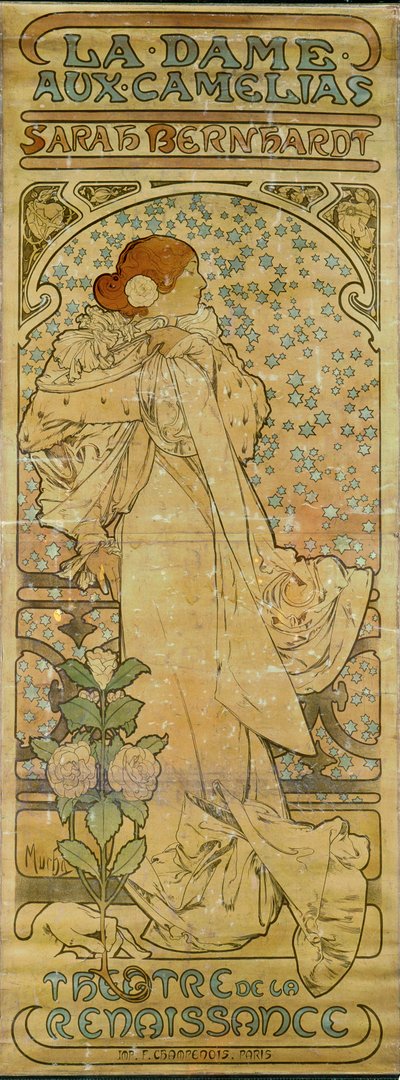 La Dame aux Camelias s herečkou Sarah Bernhardtovou, Theatre de la Renaissance, Paříž 1894 (plakát) od Alphonse Marie Mucha