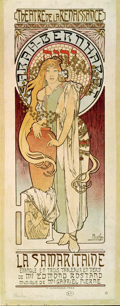 La Samaritaine s herečkou Sarah Bernhardtovou, hra Edmonda Rostanda (plakát) od Alphonse Marie Mucha