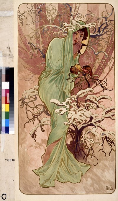 Zima (série alegorie na čtyři roční období). Umělecké dílo Alfonse Marie Muchy (Alphonse Marie Mucha od Alphonse Marie Mucha