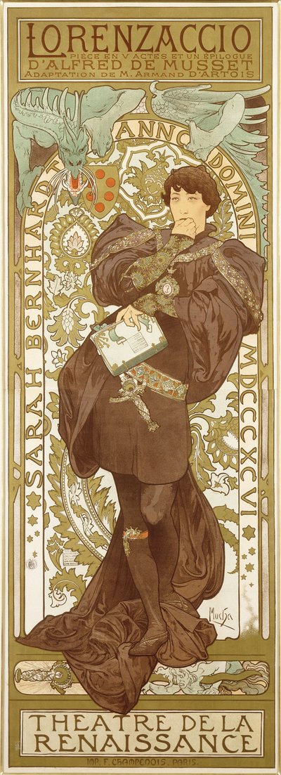 Lorenzaccio, zobrazující stojící postavu Sarah Bernhardt v roli, 1896 od Alphonse Mucha