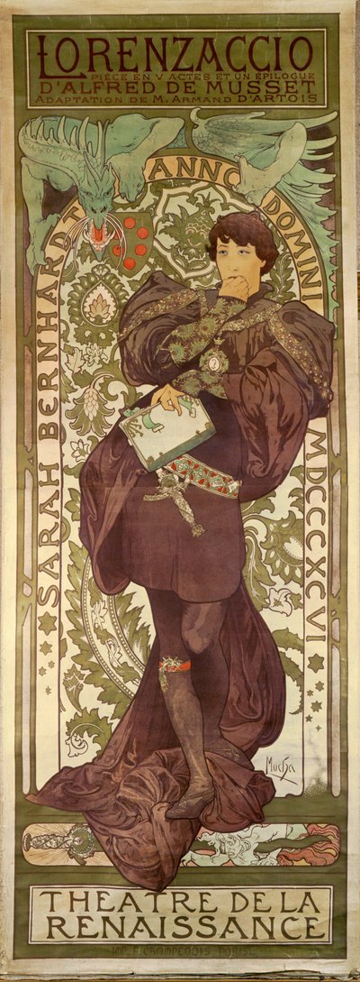 Lorenzaccio s herečkou Sarah Bernhardtovou, hra Alfreda de Musseta (plakát) od Alphonse Marie Mucha