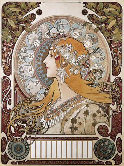 MUCHA, Alphonse Maria (1860-1939). Zvěrokruh. 1896. (67 x 48 cm). Plakát a kalendář inzerující časopis „La Plume““ (The Feather). Modernismus. Litografie od Alphonse Marie Mucha