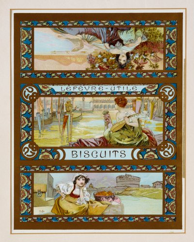 Plakát s reklamou na sušenky "Lefevre-Utile", kolem roku 1910 od Alphonse Mucha