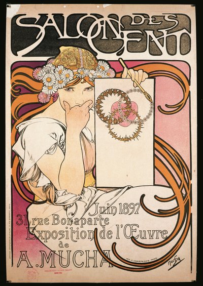 Plakát inzerující výstavu A. Muchy v Salon des Cent od Alphonse Marie Mucha