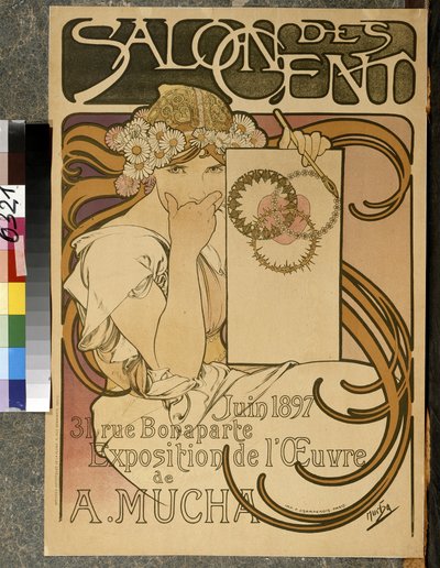 Plakát inzerující výstavu A. Muchy v Salon des Cent, 31 rue Bonaparte a Paris, červen 1897 (barevné lito) od Alphonse Mucha
