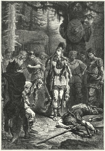 Klovis I. zabíjí jednoho ze svých vojáků za trest, že rozbil vázu ze Soissons, 486 (rytina) od Alphonse Marie de (after) Neuville