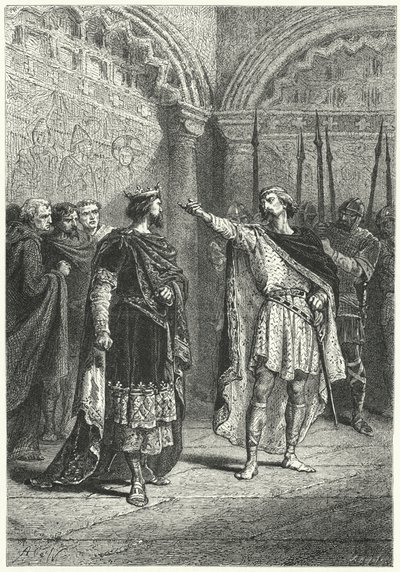Hugh Capet, král Franků, a vzpurný hrabě Adalbert z Perigordu, 987 (rytina) od Alphonse Marie de (after) Neuville