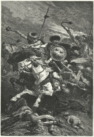 Hunové útočící v bitvě u Chalons, 451 (rytina) od Alphonse Marie de (after) Neuville
