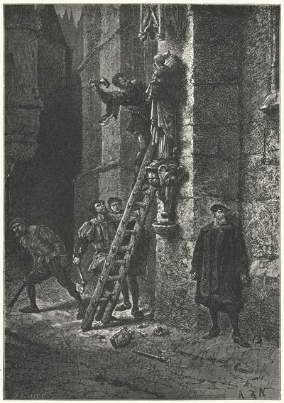 Protestanti ničí sochu Panny Marie s dítětem na Notre Dame v Paříži od Alphonse Marie de (after) Neuville