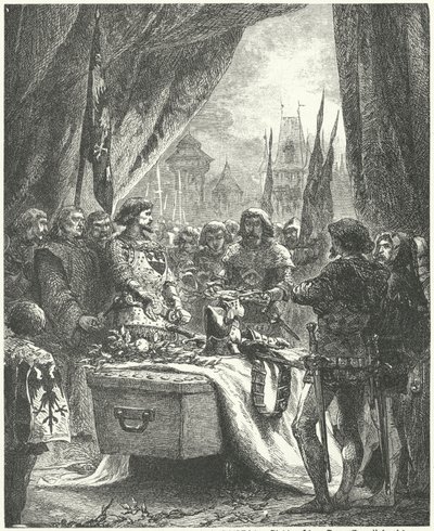 Velitel Chateauneuf de Randon položil klíče od města na rakev Bertranda du Guesclin od Alphonse Marie de (after) Neuville