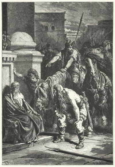 Smrt římského konzula Marca Papiria v galském plenění Říma, 387 př.nl (rytina) od Alphonse Marie de (after) Neuville