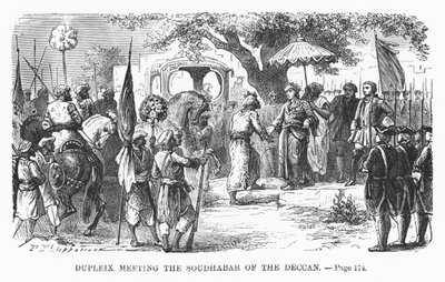 Dupleix setkání se Soudhabar of Deccan, ilustrace z „Populární historie Francie“ od M. Guizota, kolem roku 1885 od Alphonse Marie de Neuville