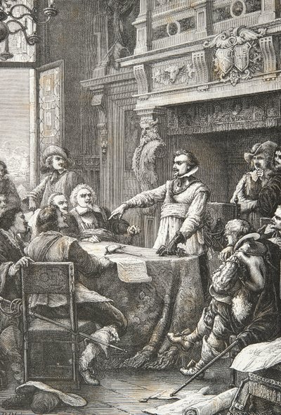 Jean Guiton přísahá, že bude bránit La Rochelle během obléhání v roce 1628 (rytina) od Alphonse Marie de Neuville