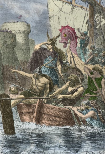 Rollonovy vikingské lodě před hradbami Paříže v roce 886 (rytina) od Alphonse Marie de Neuville