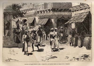 Křižovatka Chandni chowk, ulice zlatých červů, hlavní tepna obchodních a řemeslných aktivit, která protíná Dehli od velké brány paláce k bráně Lahore, rytina podle kresby A. de Neuville, ilustrující cestu od Alphonse Marie de Neuville