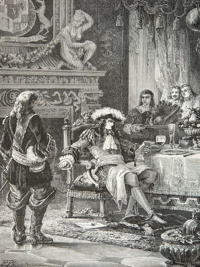 Vilém 3 Oranžský z Nassau se dozvídá o uznání anglického krále Jakuba 3 Ludvíkem 14 (rytina) od Alphonse Marie de Neuville