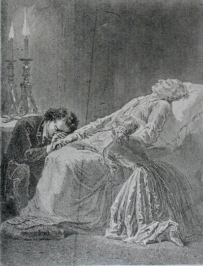Smrt Jeana Valjeana, ilustrace z Les Miserables od Victora Huga (1802-85) od Alphonse Marie de after Neuville