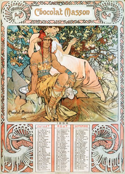 Stránka kalendáře pro dospělé z roku 1898 ozdoba reklamní ilustrace Alphonse Muchy (1860-1939) k čokoládám Masson - ""Střední věk"" Reklamní ilustrace Alphonse Muchy pro od Alphonse Mucha