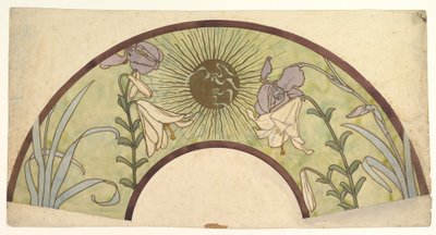 Design pro vějíř s sunburstem, liliemi a kosatci, konec 19. - polovina 20. století od Alphonse Mucha