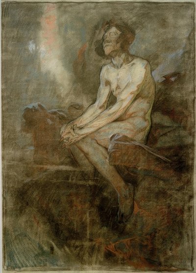 Mužský akt sedí na skále od Alphonse Mucha