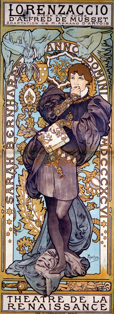 Plakát pro Lorenzaccia Alfreda de Musset, se Sarah Bernhardt, Paříž, 1896 od Alphonse Mucha