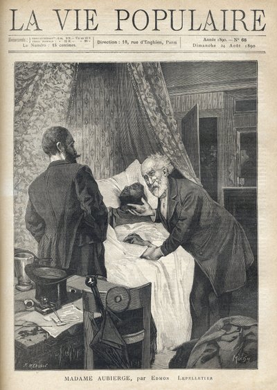 Dva muži se sklánějí nad postelí, aby viděli smrt muže. U dveří scénu sledují další muži. Ilustrace Alfons Maria Mucha (Alphonse Marie Mucha od Alphonse Mucha