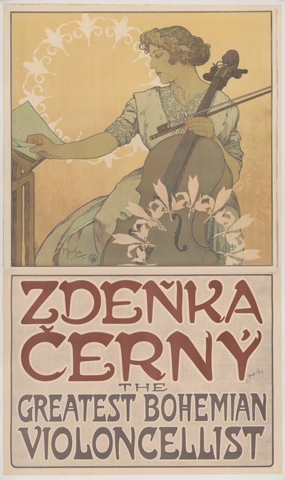 Zde?ka Černý, největší český violoncellista, 1913 od Alphonse Mucha