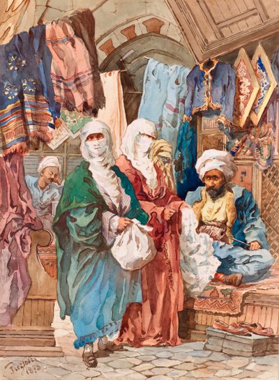 The Silk Bazaar (orientální trh, souk, hedvábné zboží) - The Silk Bazaar - Amedeo Preziosi (1816-1882), Akvarel na papíře (41x30 cm) - Muzeum Pera, Istanbul od Amadeo Preziosi