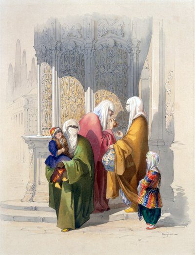 Pouliční scéna s kolemjdoucími včetně chudé černé Afričanky a dítěte, hospoda. 1865. od Amadeo Preziosi