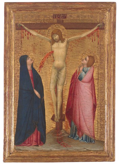Ukřižování s Madonou a svatým Janem Evangelistou (tempera a zlato na desce) od Ambrogio (circle of) Lorenzetti