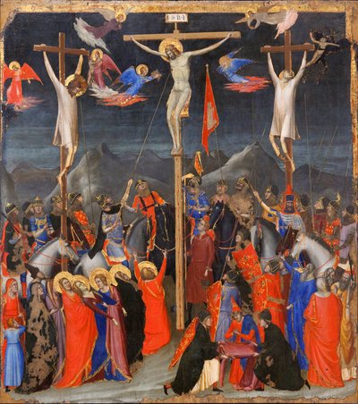 Ukřižování - Po stranách vyobrazení dobrého zloděje (také nazývaného Saint Dismas (nebo Dysmas, Dimas, Dumas) a zlého zloděje (Gesmas nebo Gestas), dva zloději ukřižovaní s Ježíšem Kristem - nápis INRI (I N R I) na kříži - Obraz Gio od Ambrogio Bondone (workshop) Giotto