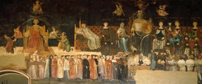 Alegorie dobré vlády, detail z Alegorie a účinky dobré a špatné vlády ve městě a na venkově od Ambrogia Lorenzettiho (aktivní 1285-1348), freska, Síň míru, Palazzo Publico, Siena od Ambrogio Lorenzetti