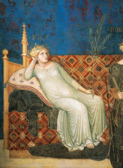 Alegorie dobré vlády, míru, detail z Alegorie a účinky dobré a špatné vlády ve městě a na venkově od Ambrogio Lorenzetti