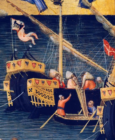 Lodě, detail z pšeničného zázraku, zázraky svatého Mikuláše z Bari od Ambrogio Lorenzetti