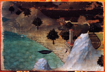 Zámek u jezera, od Ambrogia Lorenzettiho (1319-1347), malba na dřevě, 22x33 cm. od Ambrogio Lorenzetti