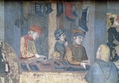 Efekty dobré vlády ve městě, detail obchodníka a řemeslníků v ševcovně od Ambrogio Lorenzetti