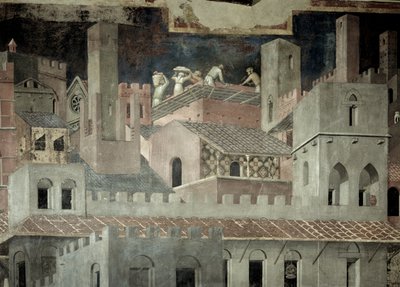 Efekty dobré správy ve městě, detail architektury a stavby domu od Ambrogio Lorenzetti