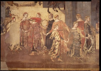 Efekty dobré vlády ve městě, detail tanečníků a hráčů na tamburínu, 1338-40 od Ambrogio Lorenzetti