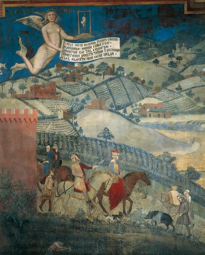 Účinky dobré vlády v zemi, detail z Alegorie a účinky dobré a špatné vlády ve městě a na venkově od Ambrogio Lorenzetti