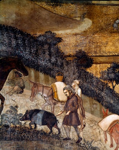 Rolníci orali pole. Detail dopadů dobré a špatné vlády na město a venkov. (Freska od Ambrogio Lorenzetti